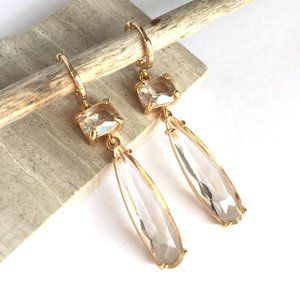 Clear Glass Long drop prong set stone Earrings